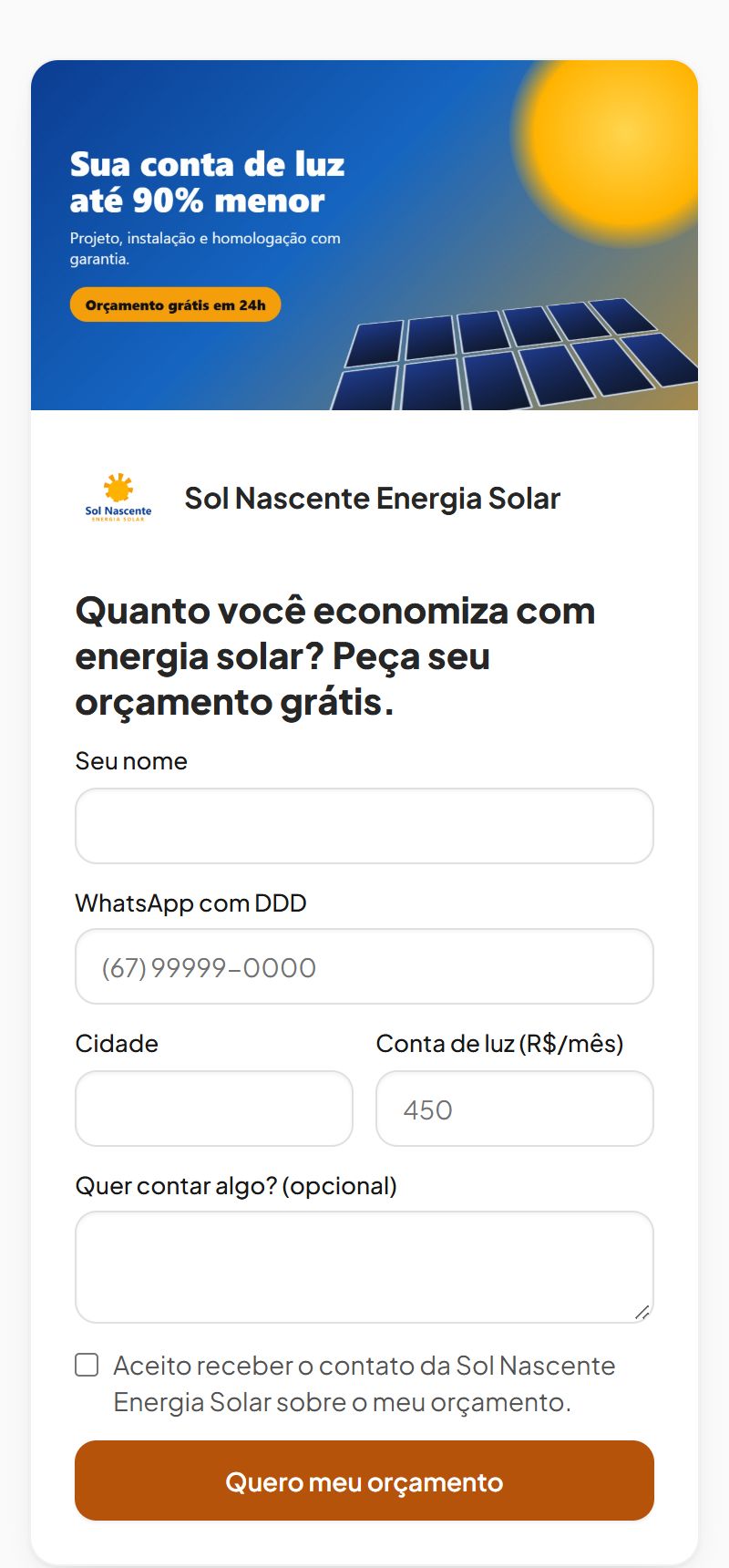Página de orçamento com a marca da empresa, no celular