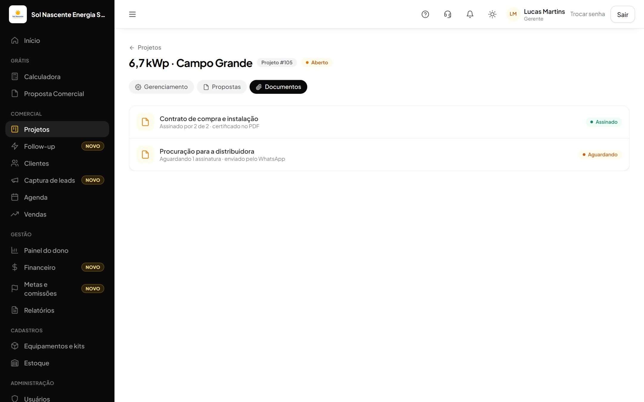 Contratos com assinatura: tela do EasySun