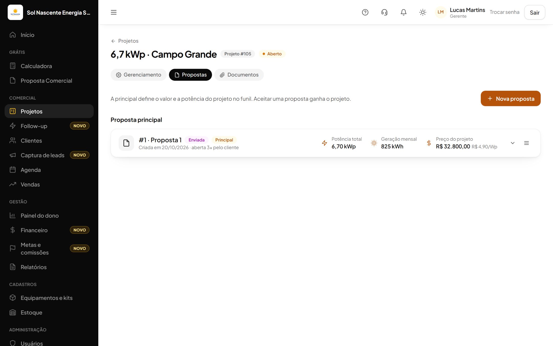 Ligado à venda: tela do EasySun
