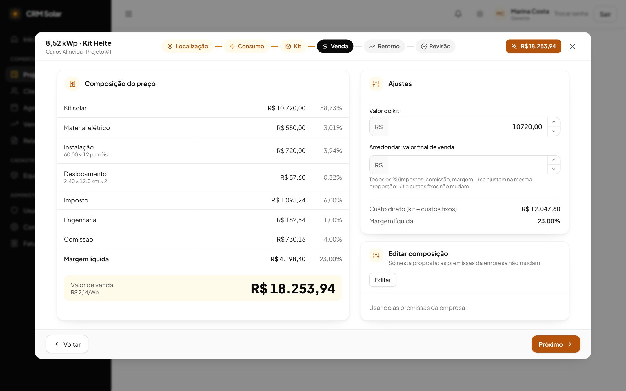 Assistente de proposta com a composição do preço